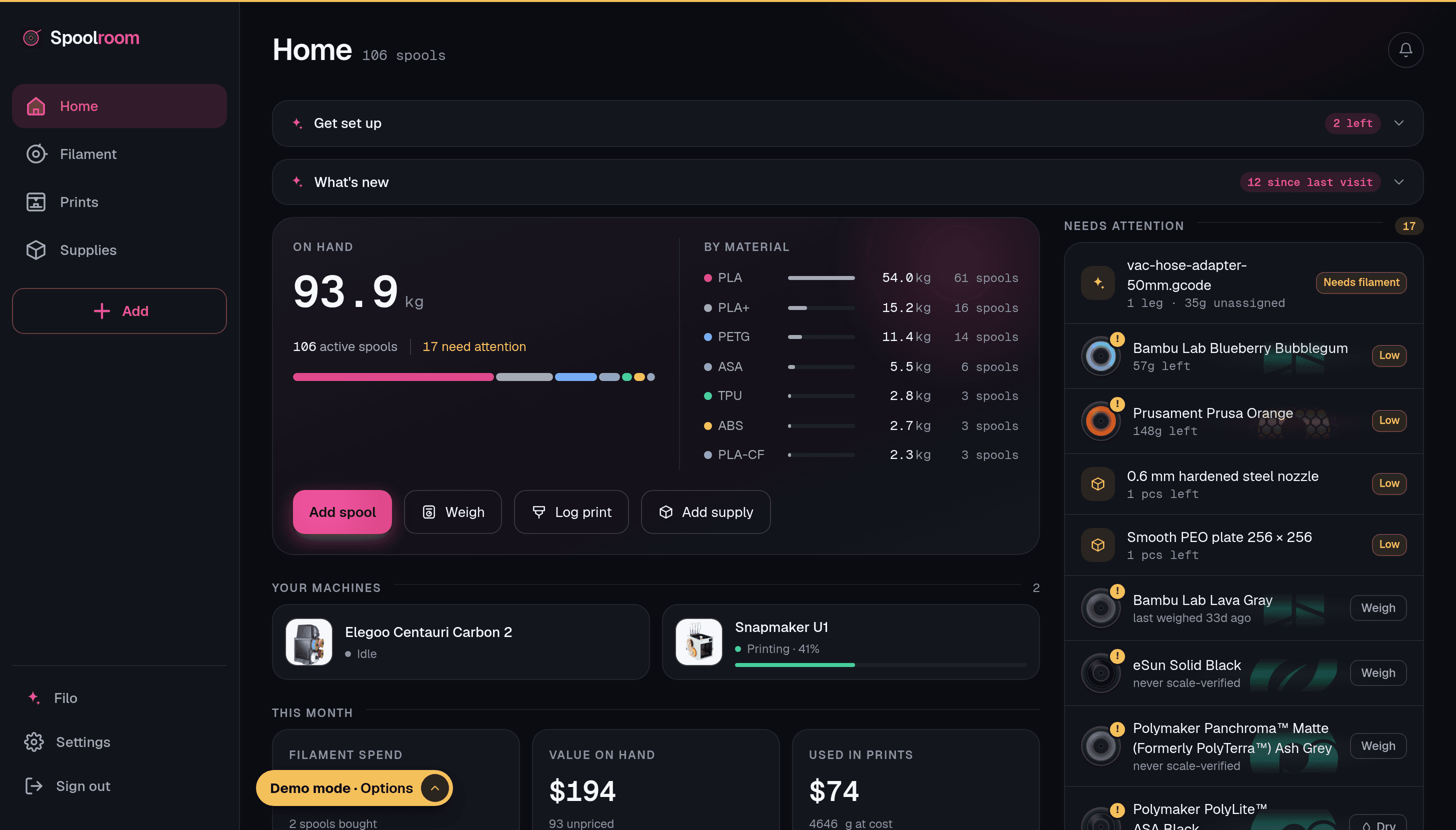 The Spoolroom dashboard: filament on hand, spools that need attention, and recent print activity.