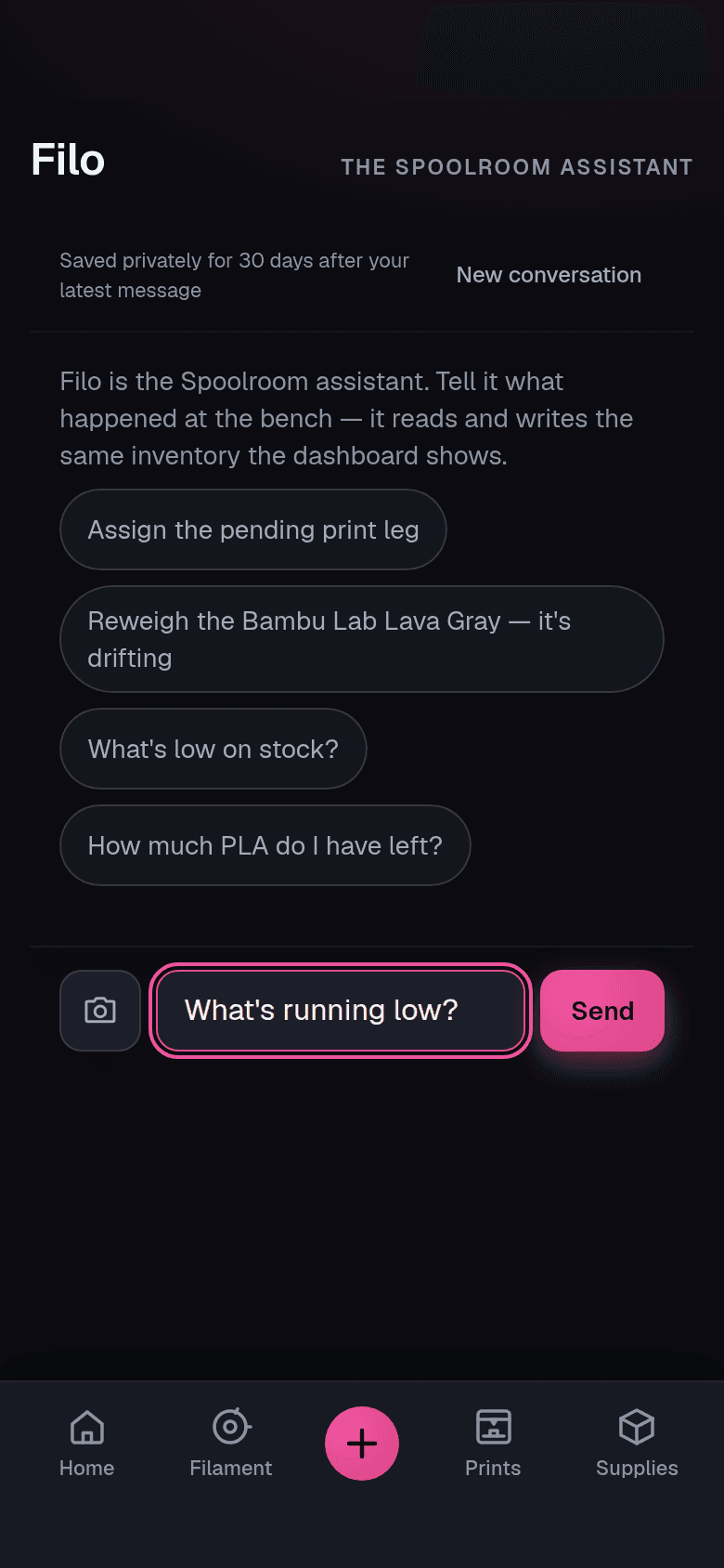 Filo, the Spoolroom assistant, on a phone: suggestion chips drawn from the live inventory and a question typed into the composer.