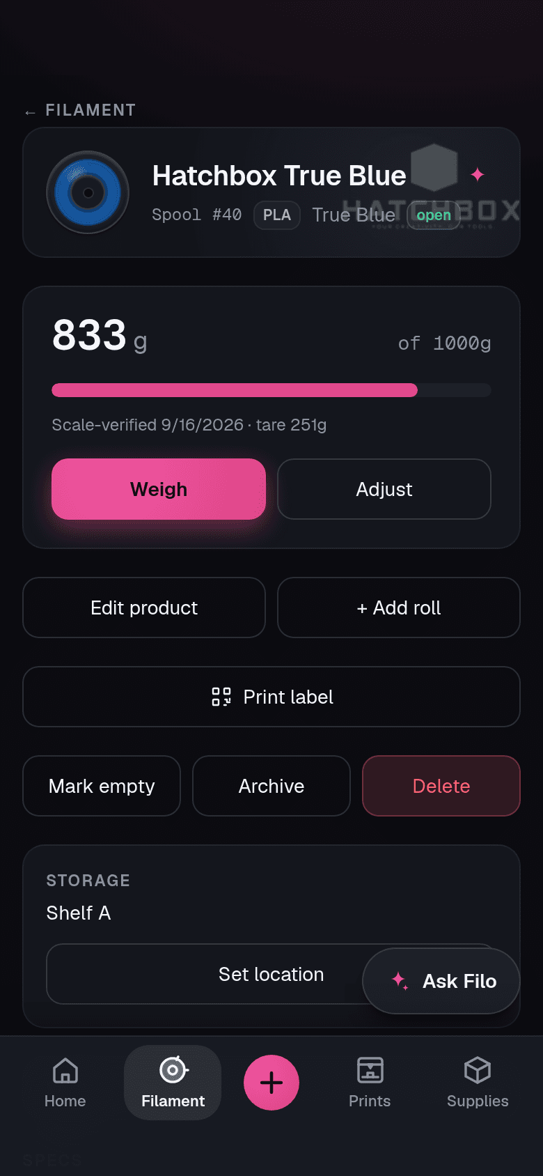 A spool detail page on a phone: the remaining grams as the headline number, a fill meter, and the ledger of weigh-ins and print deductions beneath it.